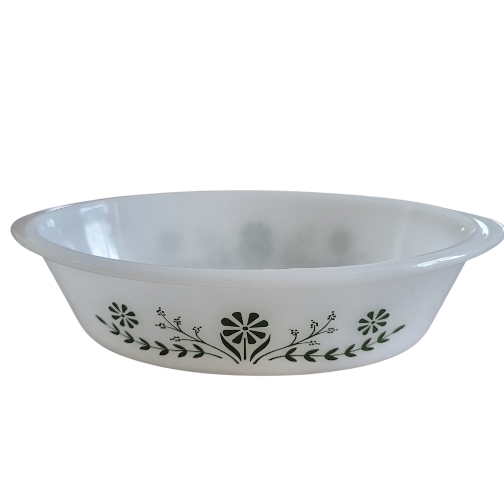 Vintage Glasbake 1 Qt White with Green Daisy Pattern Casserole Dish #J235